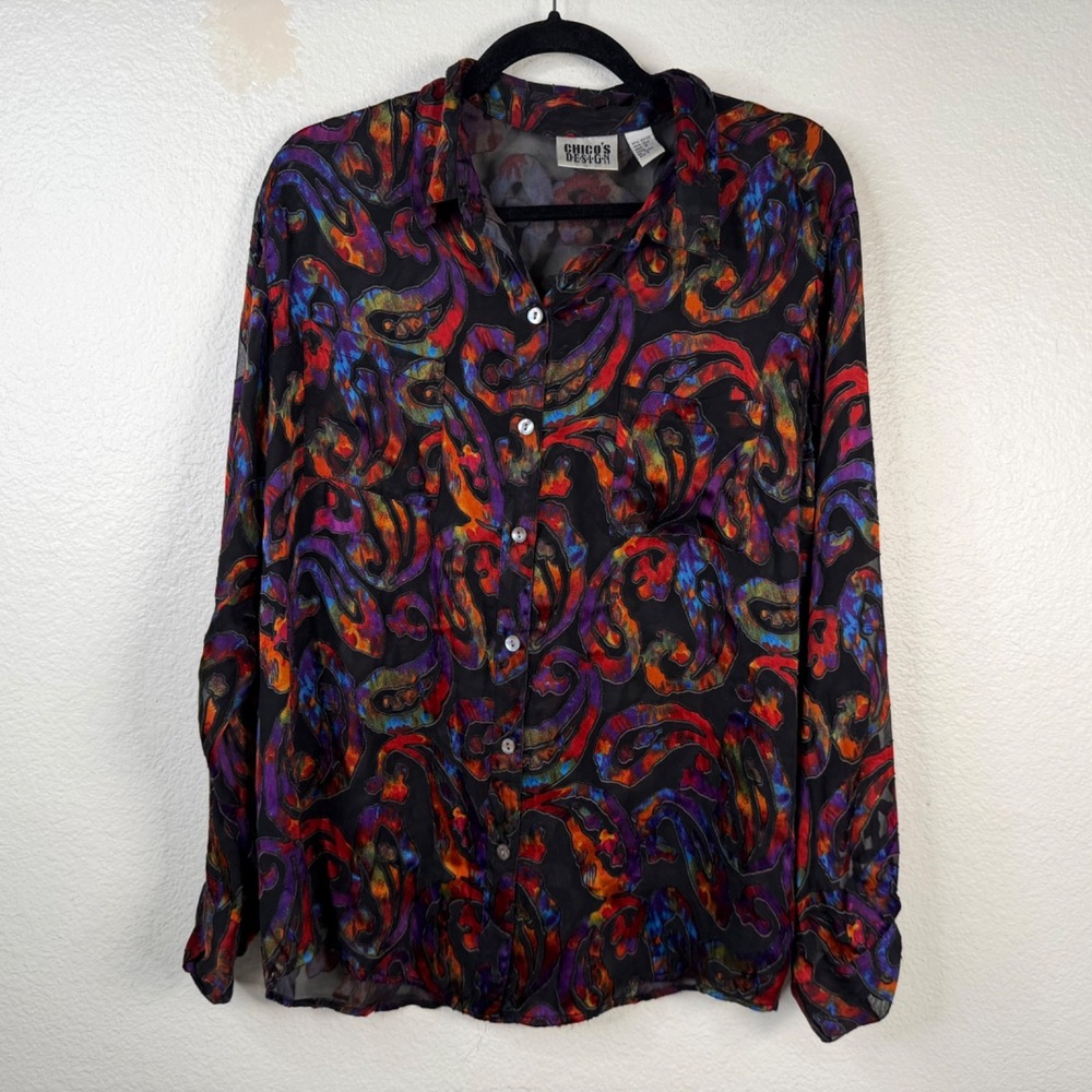 Chico's Design Women's Top Multicolor Sz 3 XL Velvet Burnout Silk Blend Artsy